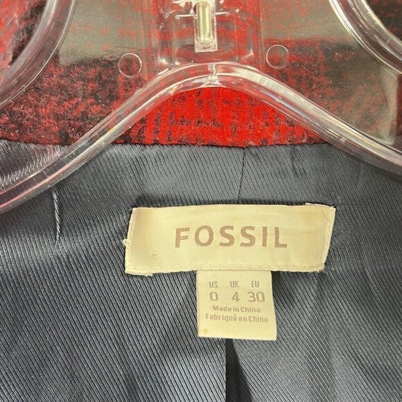 Fossil Red Navy Buffalo Check Plaid Wool Blend Jacket Snap Closure Sz 0 - Picture 4 of 6